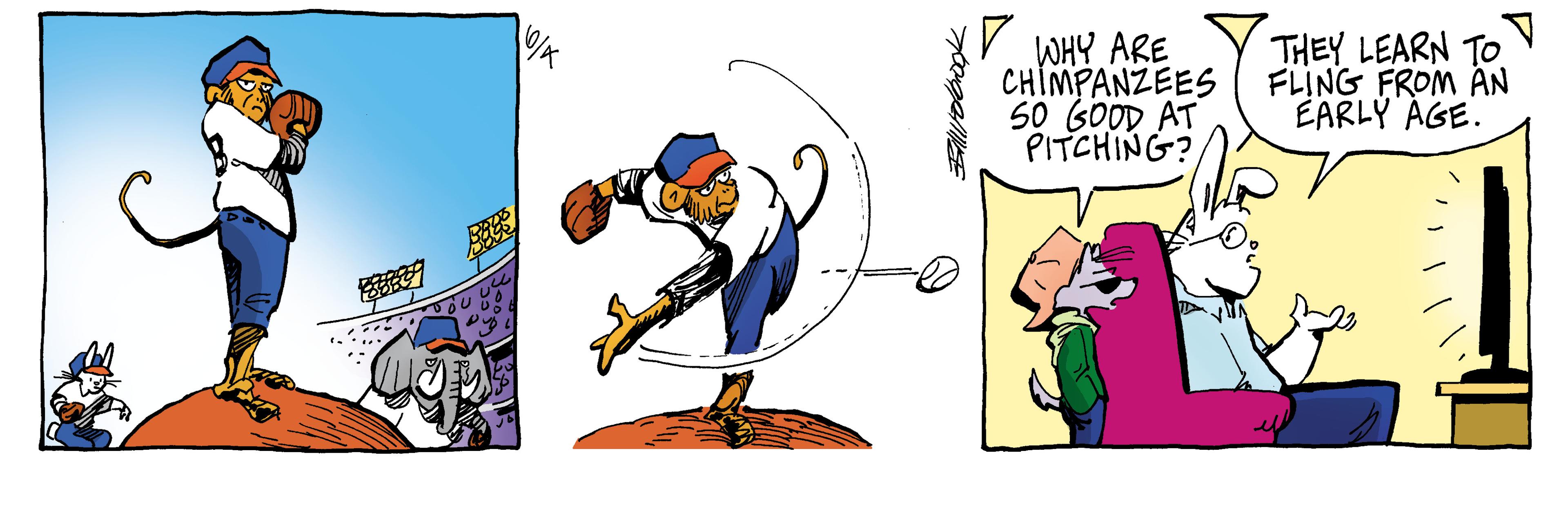 Clip art OCR: V WHY ARE CHIMPANZEES 50 GOOD AT PITCHING? THEY LEARN TO FLING FROM AN EARLY AGE. 0/K V WHY ARE CHIMPANZEES 50 GOOD AT PITCHING? THEY LEARN TO FLING FROM AN EARLY AGE. 0/K