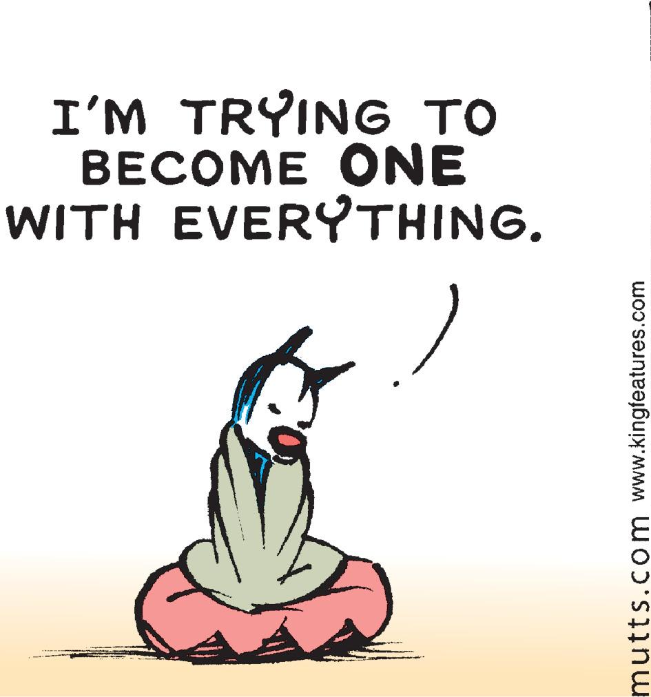 Art OCR: I'M TRYING TO ???OME ONE WITH EVERYTHING. mutts.com www.kingfeatures.com I'M TRYING TO ???OME ONE WITH EVERYTHING. mutts.com www.kingfeatures.com