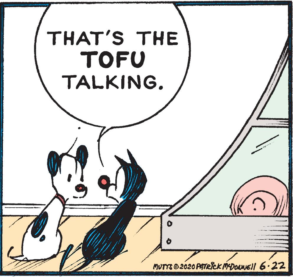 Humour OCR: THAT'S THE TOFU TALKING. MUTTS O2020 PAreicK MDOANEI| 6.22 THAT'S THE TOFU TALKING. MUTTS O2020 PAreicK MDOANEI| 6.22