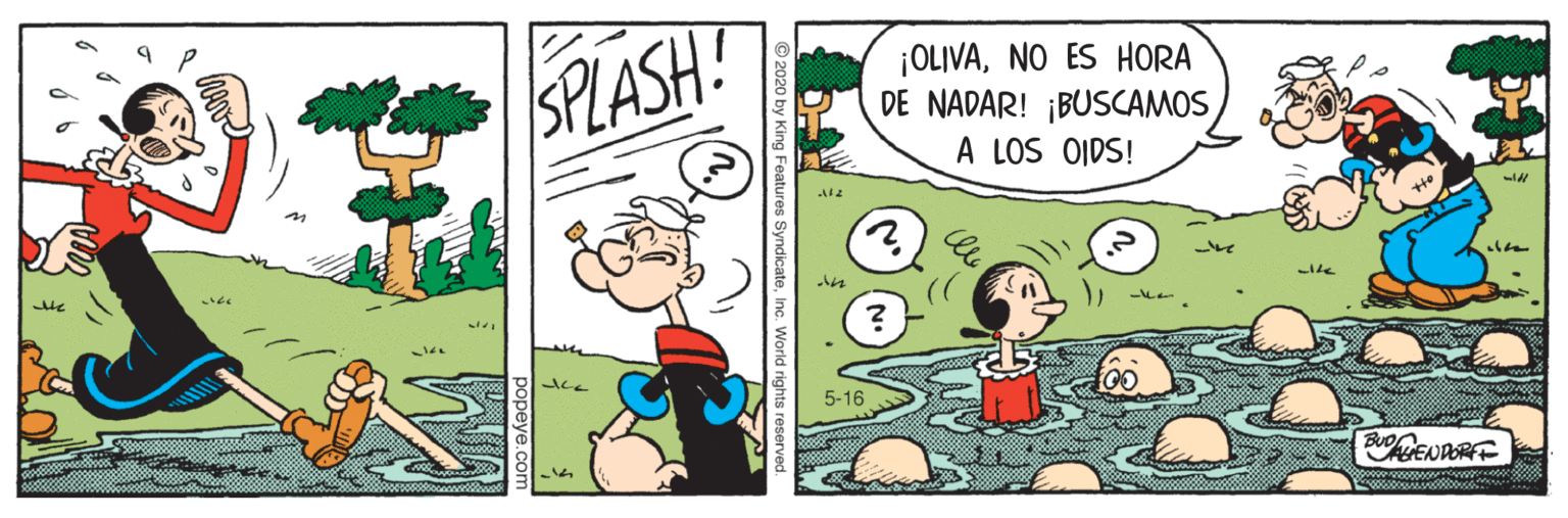 Illustration OCR: SPLASH! ¡OLIVANO ES HORA DE NADAR! ¡BUSCAMOS A LOS OIDS! 5-16 DENDORFF SPLASH! ¡OLIVANO ES HORA DE NADAR! ¡BUSCAMOS A LOS OIDS! 5-16 DENDORFF