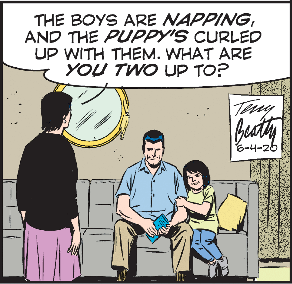 Interaction OCR: THE BOYS ARE NAPPINGAND THE PUPPY'S CURLED UP WITH THEM. WHAT ARE YOU TWO UP TO? buaty 6-4-26 THE BOYS ARE NAPPINGAND THE PUPPY'S CURLED UP WITH THEM. WHAT ARE YOU TWO UP TO? buaty 6-4-26