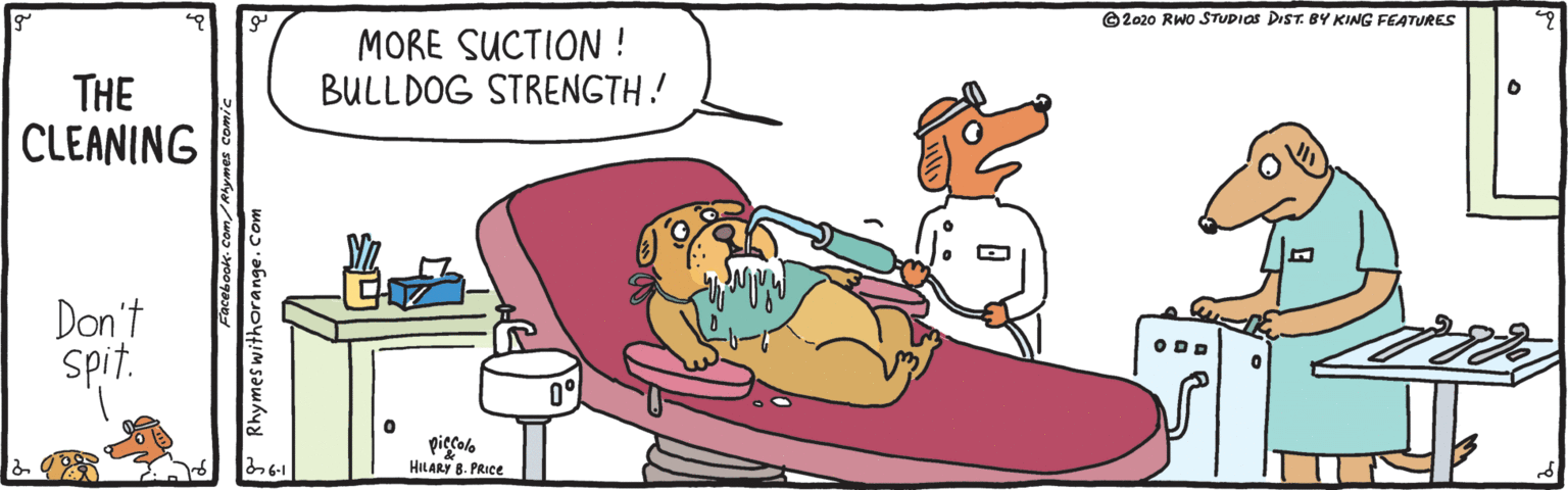 Drawing OCR: ©2020 RWO STUDIOS DIST. BY KING FEATURES MORE SUCTION ! BULLDOG STRENGTH! THE CLEANING Don't Spit. ODD 0° piecolo HILARY 8. PRICE Facebook- Com/Rhymes comic g Rhymes withorange.Com ©2020 RWO STUDIOS DIST. BY KING FEATURES MORE SUCTION ! BULLDOG STRENGTH! THE CLEANING Don't Spit. ODD 0° piecolo HILARY 8. PRICE Facebook- Com/Rhymes comic g Rhymes withorange.Com