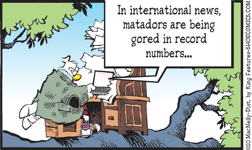 Illustration OCR: In international newsmatadors are being gored in record numbers... ©2O MacNelly-Dist. by King Features-SHOECOMICS.COM In international newsmatadors are being gored in record numbers... ©2O MacNelly-Dist. by King Features-SHOECOMICS.COM