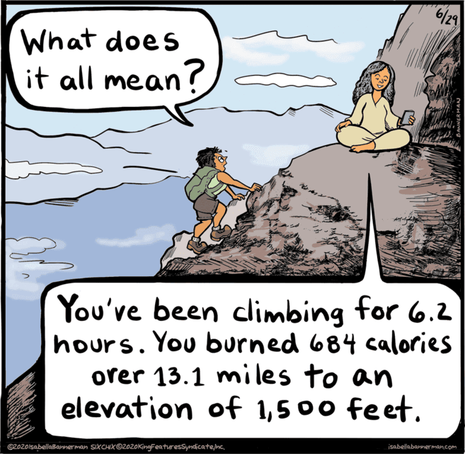 Rectangle OCR: What does it all mean? You've been climbing for 6.2 hours. You burned 684 calories orer 13.1 miles to an elevation of 1500 feet. @2020lsabellaBannerman SIXCHIX©2020KingFeaturesSyndicatejsabellabannerman.com What does it all mean? You've been climbing for 6.2 hours. You burned 684 calories orer 13.1 miles to an elevation of 1500 feet. @2020lsabellaBannerman SIXCHIX©2020KingFeaturesSyndicate