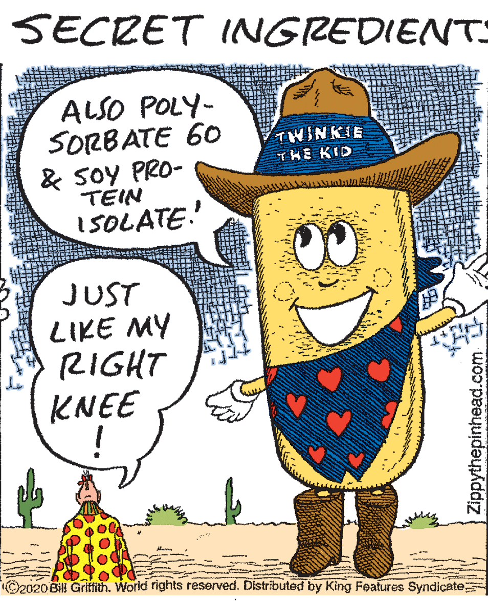 Fictional character OCR: SECRET INGREDIENTS ALSO POLY- SORBATE 60 & SoY PRO- THINKIE THE KID TEIN ISOLATE. JUST LIKE MY RIGHT KNEE C2020Bill Griffith. World rights reserved. Distributed by King Foatures Syndicate Zippythepinhead.com SECRET INGREDIENTS ALSO POLY- SORBATE 60 & SoY PRO- THINKIE THE KID TEIN ISOLATE. JUST LIKE MY RIGHT KNEE C2020Bill Griffith. World rights reserved. Distributed by King Foatures Syndicate Zippythepinhead.com