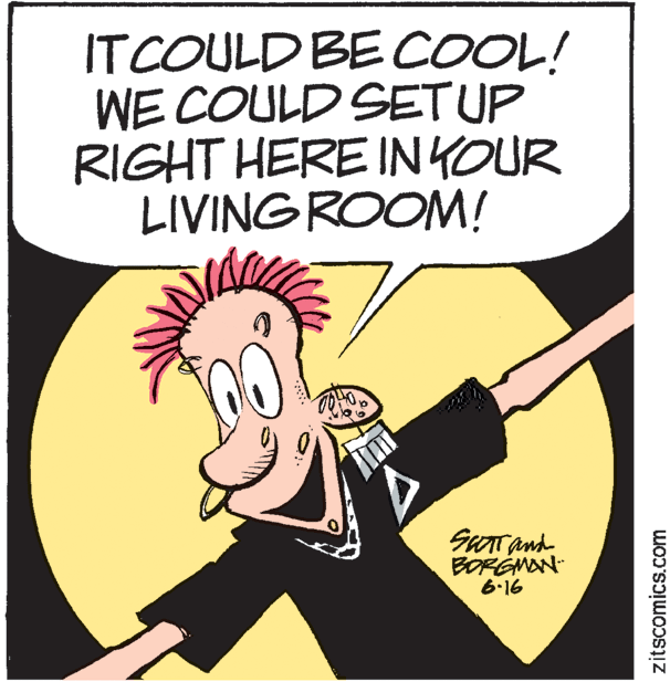 Illustration OCR: ITCOULD BE COOL! WE COULD SETUP RIGHT HERE IN YOUR LIVINGROOM! SuTand BORGMAN- 6-16 zitscomics.com ITCOULD BE COOL! WE COULD SETUP RIGHT HERE IN YOUR LIVINGROOM! SuTand BORGMAN- 6-16 zitscomics.com