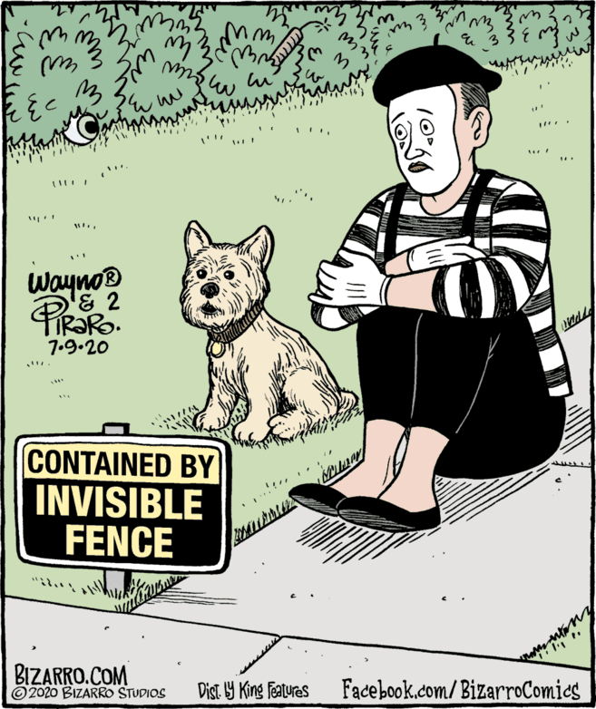 Companion dog OCR: 338 www Wayno® & 2 7.9.20 CONTAINED BY INVISIBLE FENCE BIZARRO.COM ©2020 BIZARRO STUDIOS Dist Y King Features Facebook.com/BizarroComies 338 www Wayno® & 2 7.9.20 CONTAINED BY INVISIBLE FENCE BIZARRO.COM ©2020 BIZARRO STUDIOS Dist Y King Features Facebook.com/BizarroComies