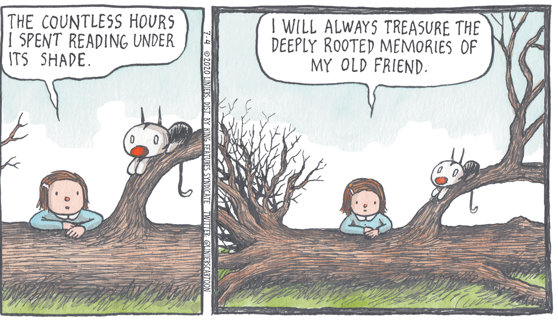 Comics OCR: THE COUNTLESS HOURS I SPENT READING UNDER ITS SHADE. I WILL ALWAYS TREASURE THE DEEPLY ROOTED MEMORIES OF MY OLD FRIEND. 7-4 2020 LINIERS. DIST. BY KING FEATURES SYNDICATE THE COUNTLESS HOURS I SPENT READING UNDER ITS SHADE. I WILL ALWAYS TREASURE THE DEEPLY ROOTED MEMORIES OF MY OLD FRIEND. 7-4 2020 LINIERS. DIST. BY KING FEATURES SYNDICATE