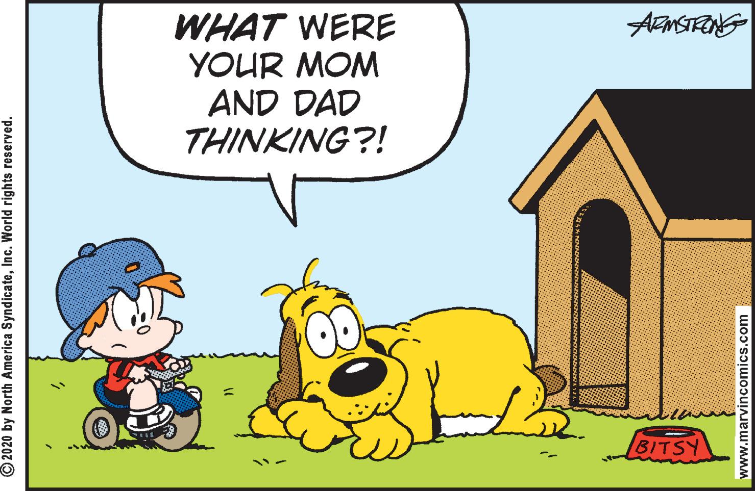 Happy OCR: AnSTRING WHAT WERE YOUR MOM AND DAD THINKING?! BITSY © 2020 by North America SyndicateInc. World rights reserved. www.marvincomics.com AnSTRING WHAT WERE YOUR MOM AND DAD THINKING?! BITSY © 2020 by North America SyndicateInc. World rights reserved. www.marvincomics.com