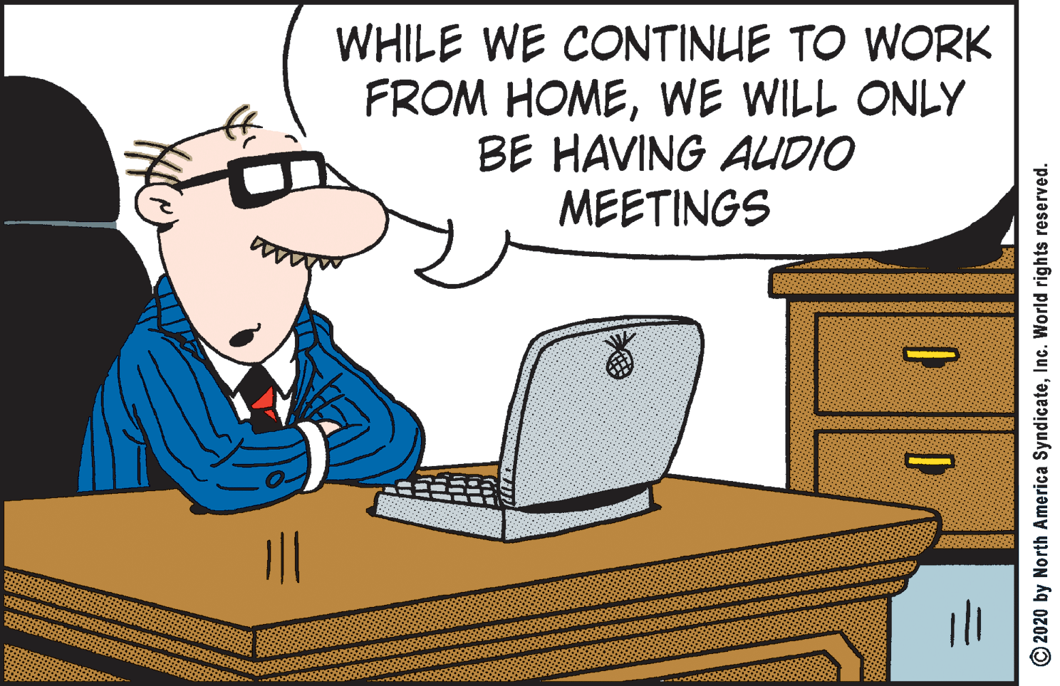 Conversation OCR: WHILE WE CONTINUE TO WORK FROM HOMEWE WILL ONLY BE HAVING AUDIO MEETINGS O2020 by North America SyndicateInc. World rights reserved. WHILE WE CONTINUE TO WORK FROM HOMEWE WILL ONLY BE HAVING AUDIO MEETINGS O2020 by North America SyndicateInc. World rights reserved.