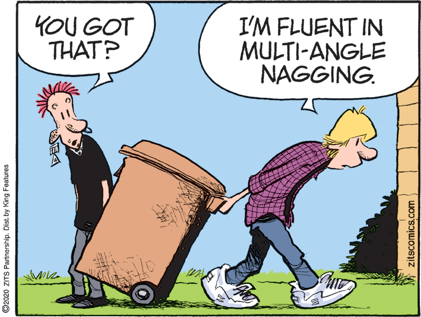 Aluminium OCR: YOU GOT THAT? I'M FLUENT IN MULTI-ANGLE NAGGING. ©2020 ZITS Partnership. Dist. by King Features zitscomics.com YOU GOT THAT? I'M FLUENT IN MULTI-ANGLE NAGGING. ©2020 ZITS Partnership. Dist. by King Features zitscomics.com