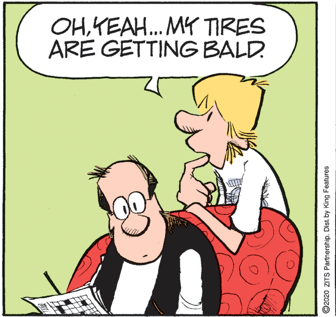 Pleased OCR: OHKEAH. MY TIRES ARE GETTING BALD. ©2020 ZITS Partnership. Dist. by King Features OHKEAH. MY TIRES ARE GETTING BALD. ©2020 ZITS Partnership. Dist. by King Features
