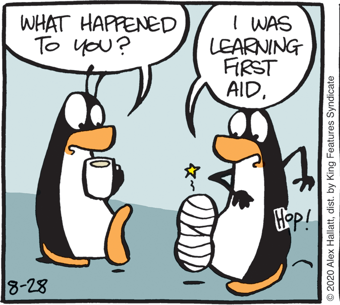 Fictional character OCR: WHAT HAPPENED To you? I WAS LEARNING FIRST AIDHop! 8-28 © 2020 Alex Hallattdist. by King Features Syndicate WHAT HAPPENED To you? I WAS LEARNING FIRST AIDHop! 8-28 © 2020 Alex Hallattdist. by King Features Syndicate