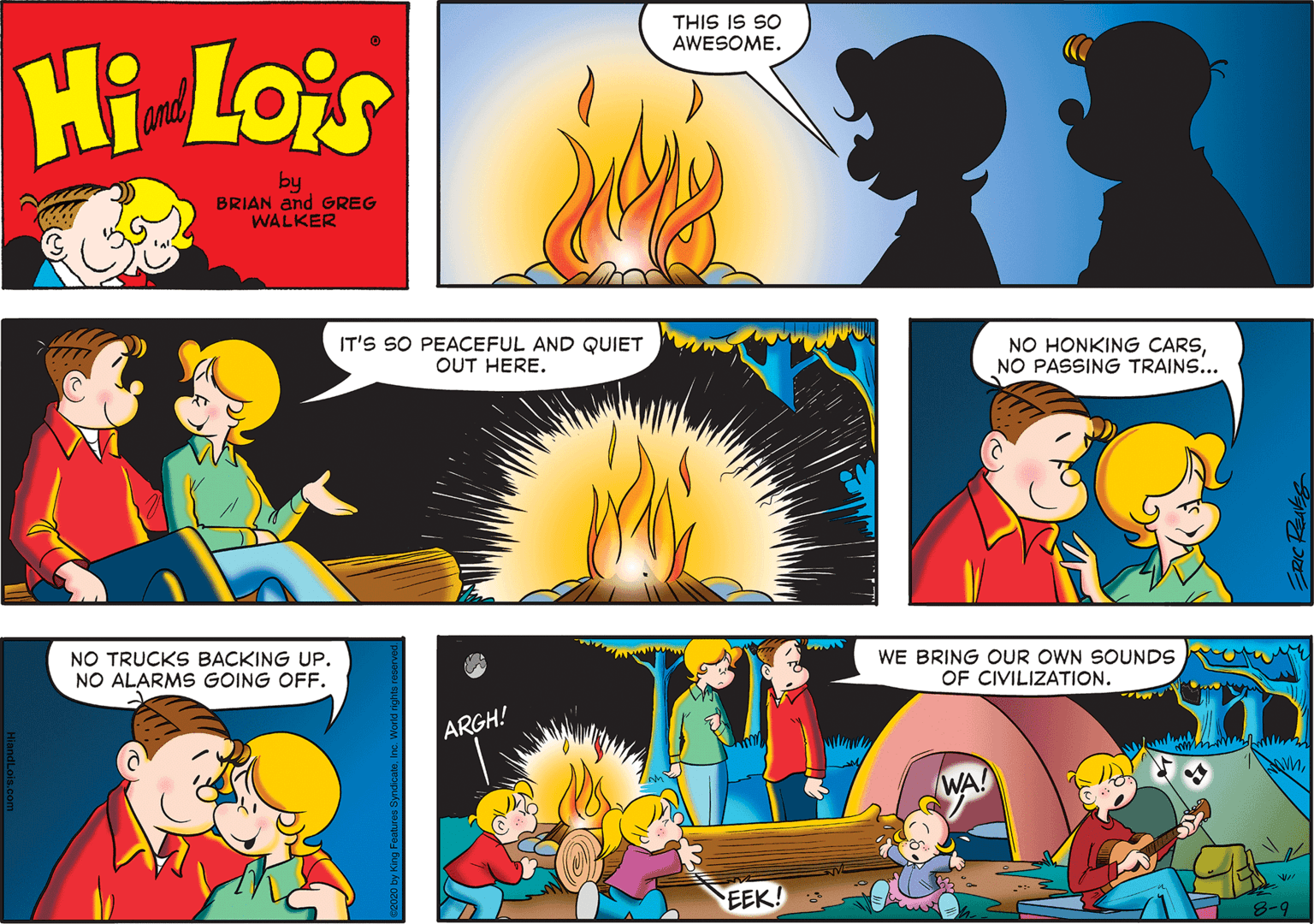 Yellow OCR: THIS IS SO AWESOME. Hi Lois amd by BRIAN and GREG WALKER IT'S SO PEACEFUL AND QUIET NO HONKING CARSNO PASSING TRAINS... OUT HERE. NO TRUCKS BACKING UP. NO ALARMS GOING OFF. WE BRING OUR OWN SOUNDS OF CIVILIZATION. ARGH! WA! EEK! 8-9 THIS IS SO AWESOME. Hi Lois amd by BRIAN and GREG WALKER IT'S SO PEACEFUL AND QUIET NO HONKING CARSNO PASSING TRAINS... OUT HERE. NO TRUCKS BACKING UP. NO ALARMS GOING OFF. WE BRING OUR OWN SOUNDS OF CIVILIZATION. ARGH! WA! EEK! 8-9