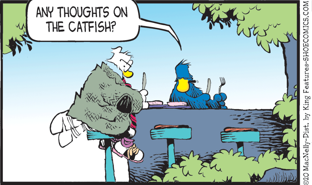 Graphics OCR: ANY THOUGHTS ON THE CATFISH? ?? 20 MacNelly-Dist. by King Features-SHOECOMICS.COM ANY THOUGHTS ON THE CATFISH? ? ? 20 MacNelly-Dist. by King Features-SHOECOMICS.COM