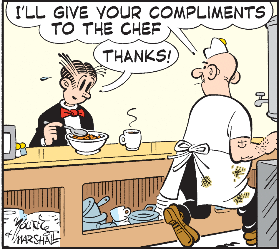 Line OCR: I'LL GIVE YOUR COMPLIMENTS ?? THE CHEF THANKS! MARSHAL I'LL GIVE YOUR COMPLIMENTS ?? THE CHEF THANKS! MARSHAL
