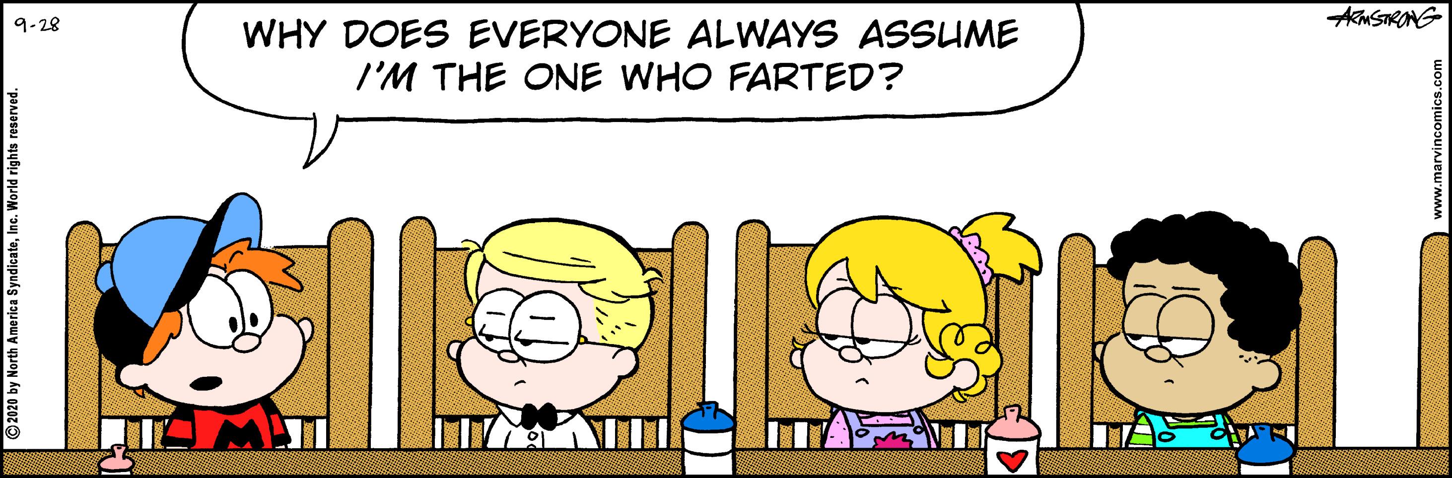 Animated cartoon OCR: AMSTRONG 9-28 WHY DOES EVERYONE ALWAYS ASSUME I'M THE ONE WHO FARTED? AMSTRONG 9-28 WHY DOES EVERYONE ALWAYS ASSUME I'M THE ONE WHO FARTED?
