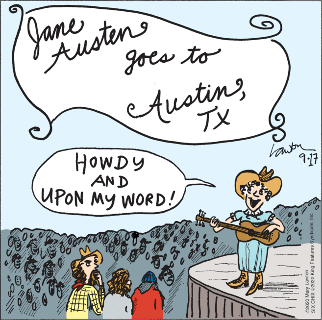Animated cartoon OCR: (usten goes to AustinTX HOWDY AN D UPON MY WORD! Vautor 9:17 2020 Mary Lawton SIX CHIX @2020 King Features SyndicateInc. (usten goes to AustinTX HOWDY AN D UPON MY WORD! Vautor 9:17 2020 Mary Lawton SIX CHIX @2020 King Features Syndicate