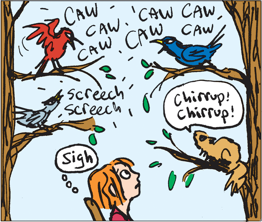 Ink OCR: CAW CAW. CAW. CRW CAW 'CAW CAWScreech' screech Chirrup! Chirrup! Sigh CAW CAW. CAW. CRW CAW 'CAW CAWScreech' screech Chirrup! Chirrup! Sigh