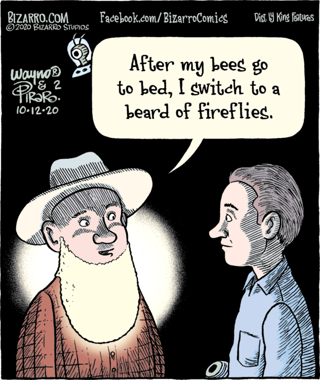 Jaw OCR: BIZARRO.COM ©2020 BIZARRO STUDIOS Facebook.com/BizarroComies Dist 9 King features After bees go my to bedI switch to a beard of fireflies. Wayno® 32 10-12.20 BIZARRO.COM ©2020 BIZARRO STUDIOS Facebook.com/BizarroComies Dist 9 King features After bees go my to bedI switch to a beard of fireflies. Wayno® 32 10-12.20