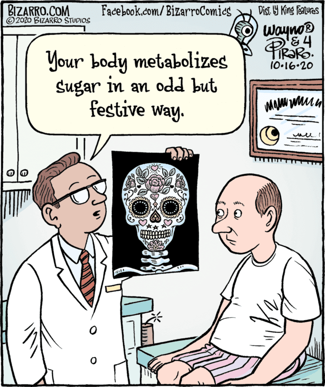 Jaw OCR: BIZARRO.COM ©2020 BIZARRO STUDIOS Facebook.com/BizarroComies Dist Y King Featuras Wayno Your body metabolizes Sugar in an odd but festive way. 10.16.20 BIZARRO.COM ©2020 BIZARRO STUDIOS Facebook.com/BizarroComies Dist Y King Featuras Wayno Your body metabolizes Sugar in an odd but festive way. 10.16.20