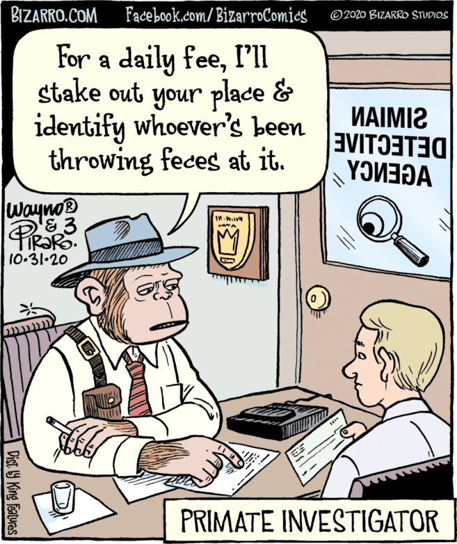 Comic book OCR: BIZARRO.COM Facebook.com/ BizarroComics ©2020 BIZARRO STUDIOS For a daily feeI'll stake out your place & identify whoever's been unoh throwing feces at it. MAIMI2 DEIECIIAE Wayno® 10.31.20 -- PRIMATE INVESTIGATOR Dist Y King Features BIZARRO.COM Facebook.com/ BizarroComics ©2020 BIZARRO STUDIOS For a daily feeI'll stake out your place & identify whoever's been unoh throwing feces at it. MAIMI2 DEIECIIAE Wayno® 10.31.20 -- PRIMATE INVESTIGATOR Dist Y King Features