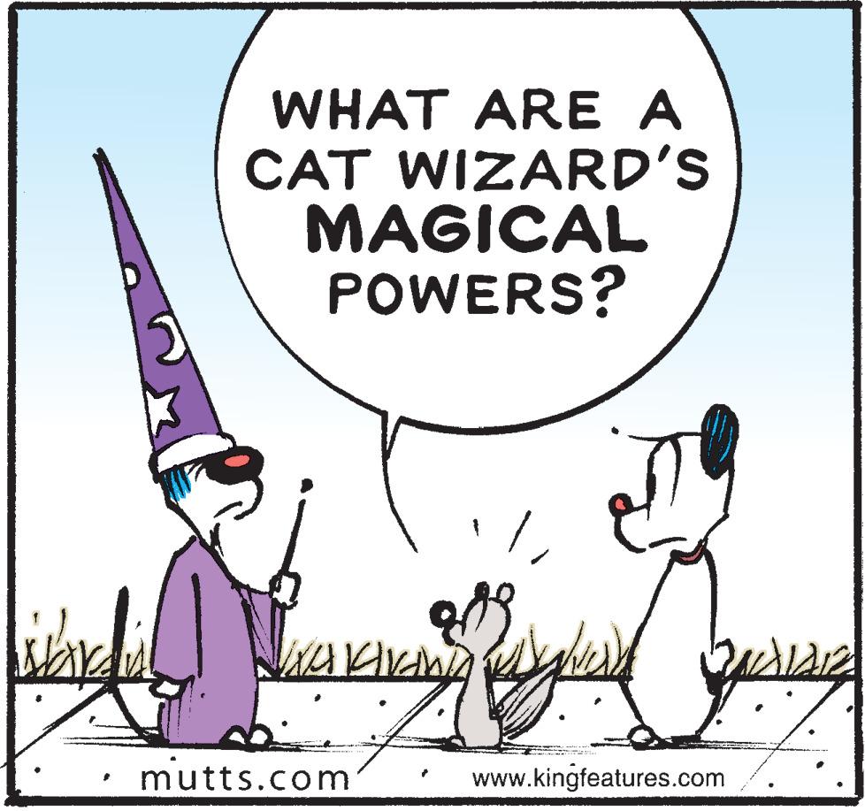 Art OCR: WHAT ARE A CAT WIZARD'S MAGICAL POWERS? mutts.com www.kingfeatures.com WHAT ARE A CAT WIZARD'S MAGICAL POWERS? mutts.com www.kingfeatures.com