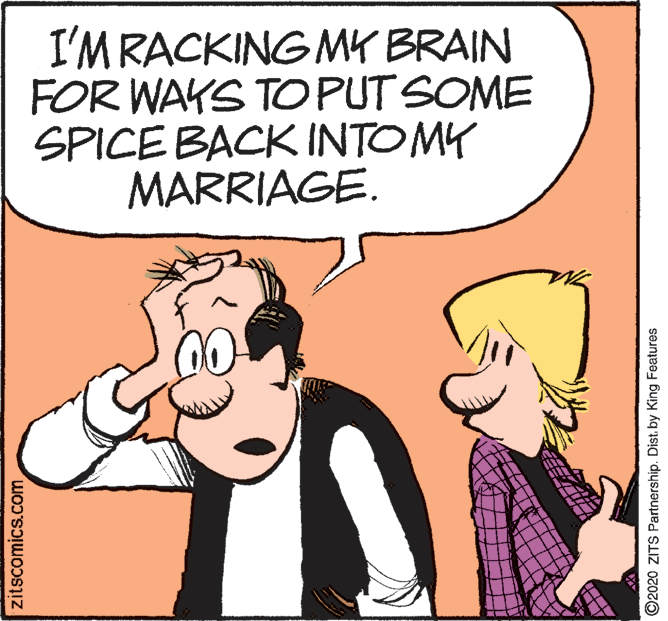 Fictional character OCR: I'MRACKING MK BRAIN FOR WAYS TOPUT SOME SPICE BACK INTOMY MARRIAGE. zitscomics.com ©2020 ZITS Partnership. Dist. by King Features I'MRACKING MK BRAIN FOR WAYS TOPUT SOME SPICE BACK INTOMY MARRIAGE. zitscomics.com ©2020 ZITS Partnership. Dist. by King Features