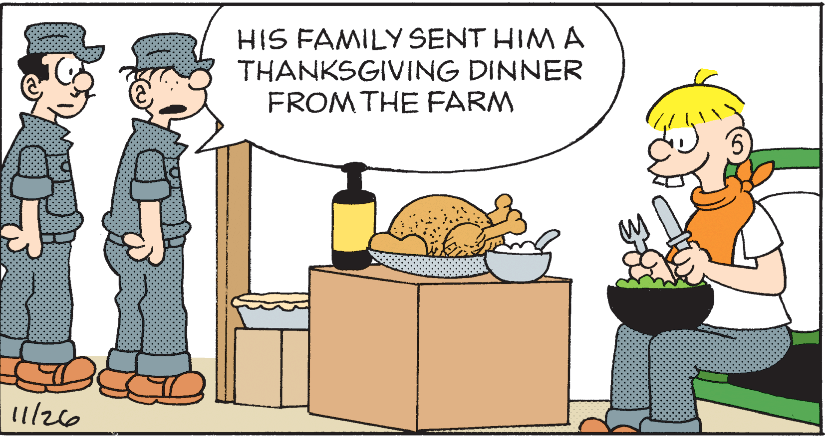 Drawing OCR: HIS FAMILY SENT HIM A THANKSGIVING DINNER FROM THE FARM HIS FAMILY SENT HIM A THANKSGIVING DINNER FROM THE FARM