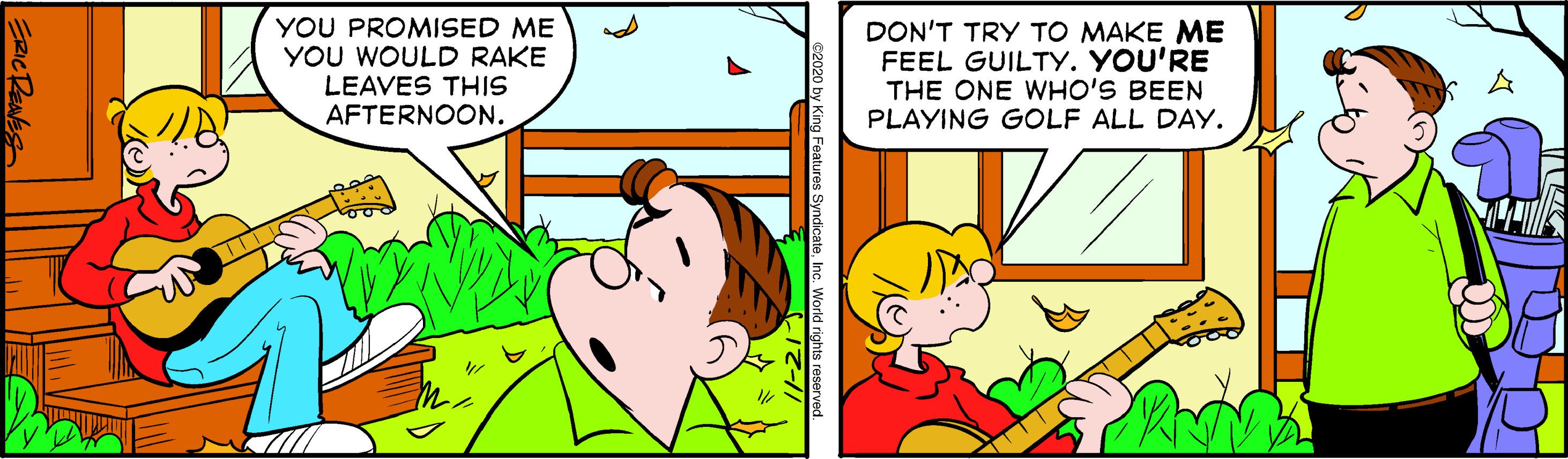 Art OCR: YOU PROMISED ME YOU WOULD RAKE LEAVES THIS AFTERNOON. DON'T TRY TO MAKE ME FEEL GUILTY. YOU'RE THE ONE WHO'S BEEN PLAYING GOLF ALL DAY. YOU PROMISED ME YOU WOULD RAKE LEAVES THIS AFTERNOON. DON'T TRY TO MAKE ME FEEL GUILTY. YOU'RE THE ONE WHO'S BEEN PLAYING GOLF ALL DAY.