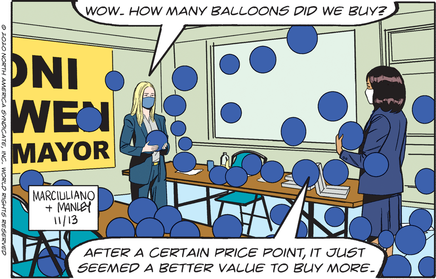Motor vehicle OCR: WOW. HOW MANY BALLOONS DID WE BUY? DNI WEN MAYOR MARCIULIANO + MANLEY 11/13 AFTER A CERTAIN PRICE POINTIT JUST SEEMED A BETTER VALUE TO BUY MORE. © 2020 NORTH AMERICA SYNDICATEINC. WORLD RIGHTS RESERVED WOW. HOW MANY BALLOONS DID WE BUY? DNI WEN MAYOR MARCIULIANO + MANLEY 11/13 AFTER A CERTAIN PRICE POINTIT JUST SEEMED A BETTER VALUE TO BUY MORE. © 2020 NORTH AMERICA SYNDICATEINC. WORLD RIGHTS RESERVED
