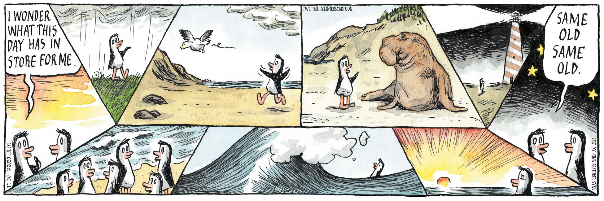 Drawing OCR: TWITTER: QUNIEISCARTOON I WONDER WHAT THIS DAY HAS IN STORE FOR ME SAME OLD SAME OLD. TWITTER: QUNIEISCARTOON I WONDER WHAT THIS DAY HAS IN STORE FOR ME SAME OLD SAME OLD.