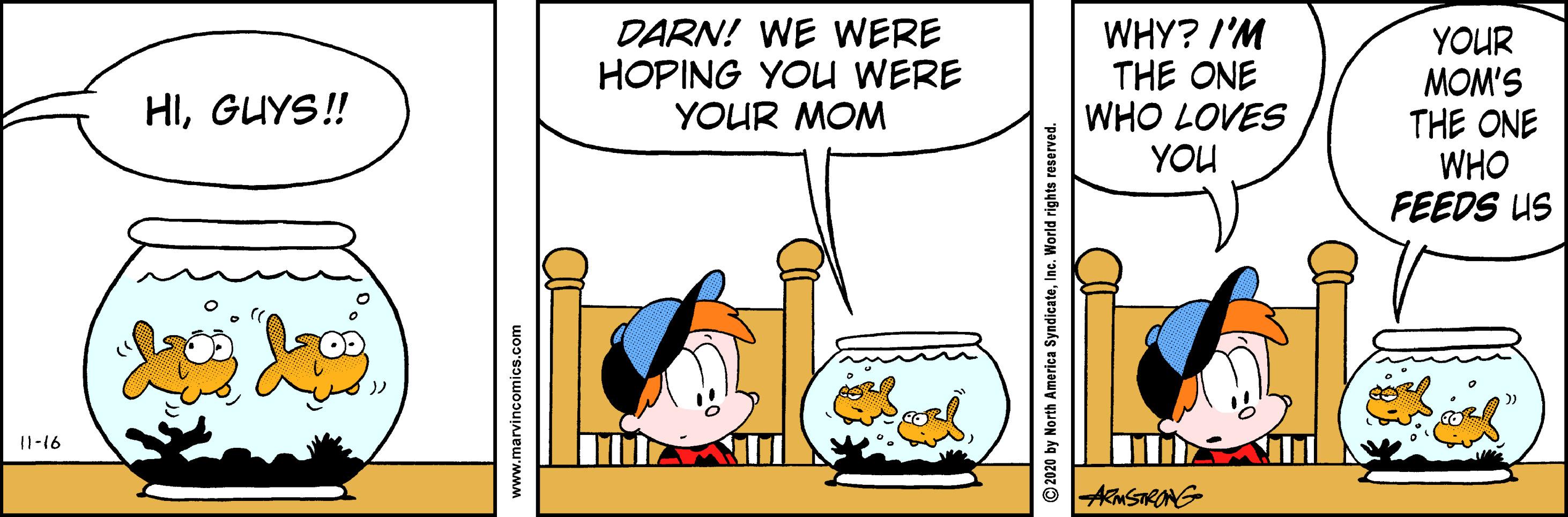 Drawing OCR: DARN! WE WERE HOPING YOU WERE YOUR MOM WHY? I'M THE ONE WHO LOVES YOU YOUR MOM'S THE ONE WHO FEEDS US HIGUYS! I1-16 AMSRONG www.marvincomics.com © 2020 by North America SyndicateInc. World rights reserved. DARN! WE WERE HOPING YOU WERE YOUR MOM WHY? I'M THE ONE WHO LOVES YOU YOUR MOM'S THE ONE WHO FEEDS US HIGUYS! I1-16 AMSRONG www.marvincomics.com © 2020 by North America SyndicateInc. World rights reserved.
