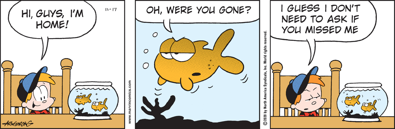 Art OCR: I GUESS I DON'T NEED TO ASK IF YOU MISSED ME I1- 17 OHWERE YOU GONE? HII'M HOME! AMSTRANG www.marvincomics.com ©2020 by North America SyndicateInc. World rights reserved. I GUESS I DON'T NEED TO ASK IF YOU MISSED ME I1- 17 OHWERE YOU GONE? HII'M HOME! AMSTRANG www.marvincomics.com ©2020 by North America SyndicateInc. World rights reserved.