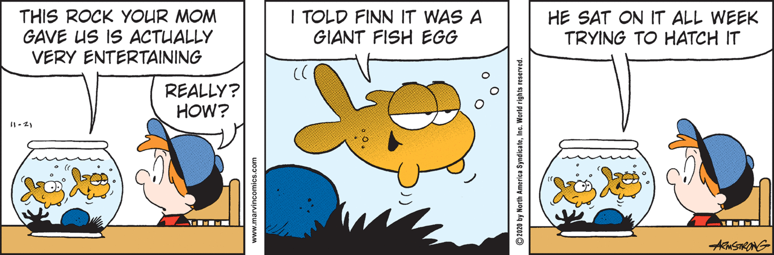Graphics OCR: THIS ROCK YOUR MOM GAVE US IS ACTUALLY VERY ENTERTAINING I TOLD FINN IT WAS A GIANT FISH EGG HE SAT ON IT ALL WEEK TRYING TO HATCH IT REALLY? HOW? AMSTRONG www.marvincomics.com ©2020 by North America SyndicateInc. World rights reserved. THIS ROCK YOUR MOM GAVE US IS ACTUALLY VERY ENTERTAINING I TOLD FINN IT WAS A GIANT FISH EGG HE SAT ON IT ALL WEEK TRYING TO HATCH IT REALLY? HOW? AMSTRONG www.marvincomics.com ©2020 by North America SyndicateInc. World rights reserved.