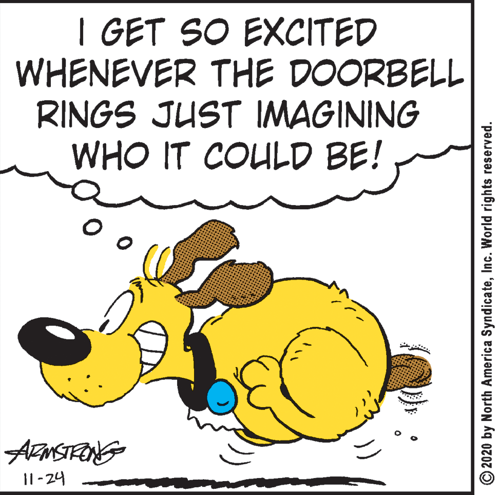Illustration OCR: I GET SO EXCITED WHENEVER THE DOORBELL RINGS JUST IMAGINING WHO IT COULD BE! Il - 24 © 2020 by North America SyndicateInc. World rights reserved. I GET SO EXCITED WHENEVER THE DOORBELL RINGS JUST IMAGINING WHO IT COULD BE! Il - 24 © 2020 by North America SyndicateInc. World rights reserved.