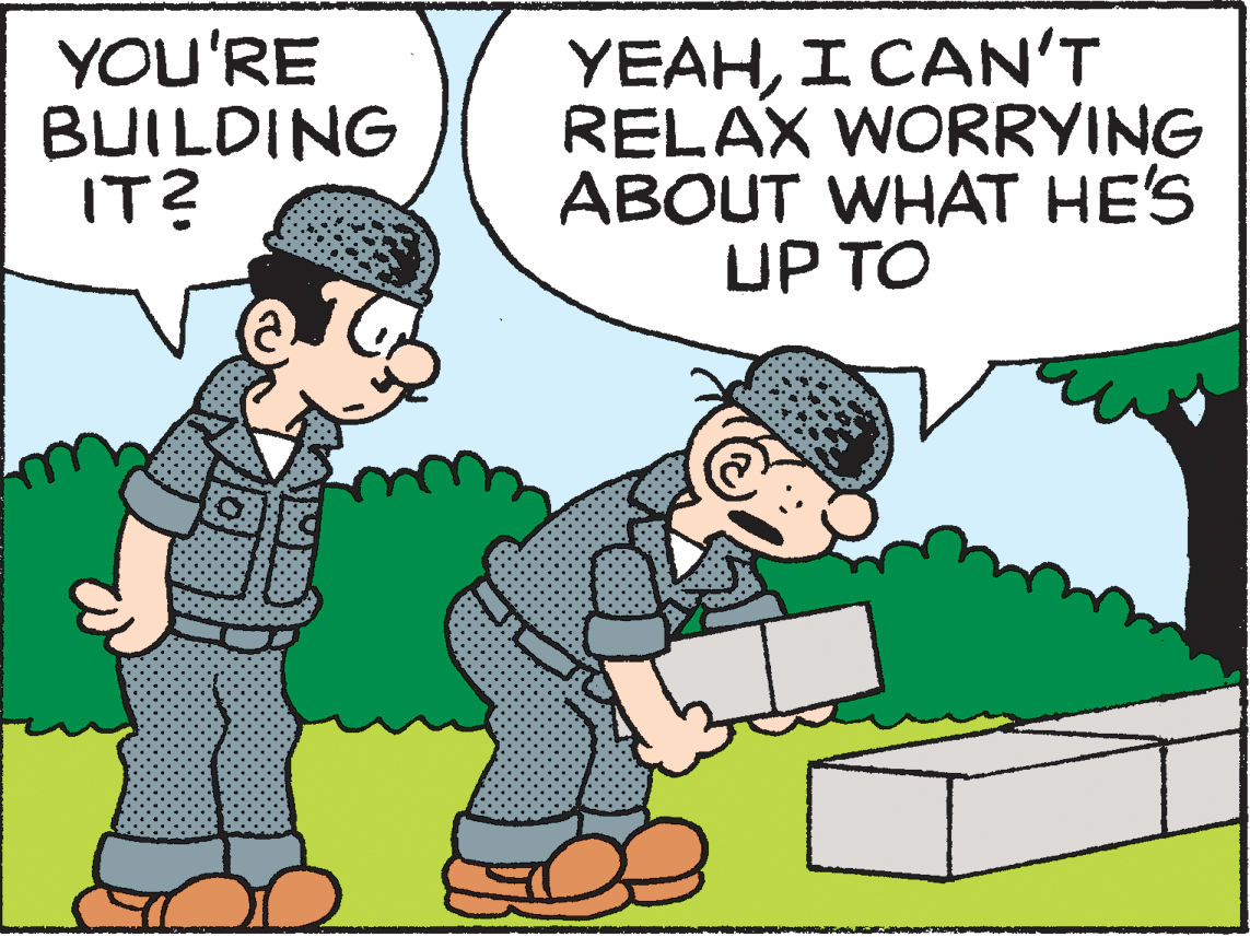 Illustration OCR: YOU'RE BUILDING IT? YEAHI CAN'T RELAX WORRYING ABOUT WHAT HE'S UP TO YOU'RE BUILDING IT? YEAHI CAN'T RELAX WORRYING ABOUT WHAT HE'S UP TO