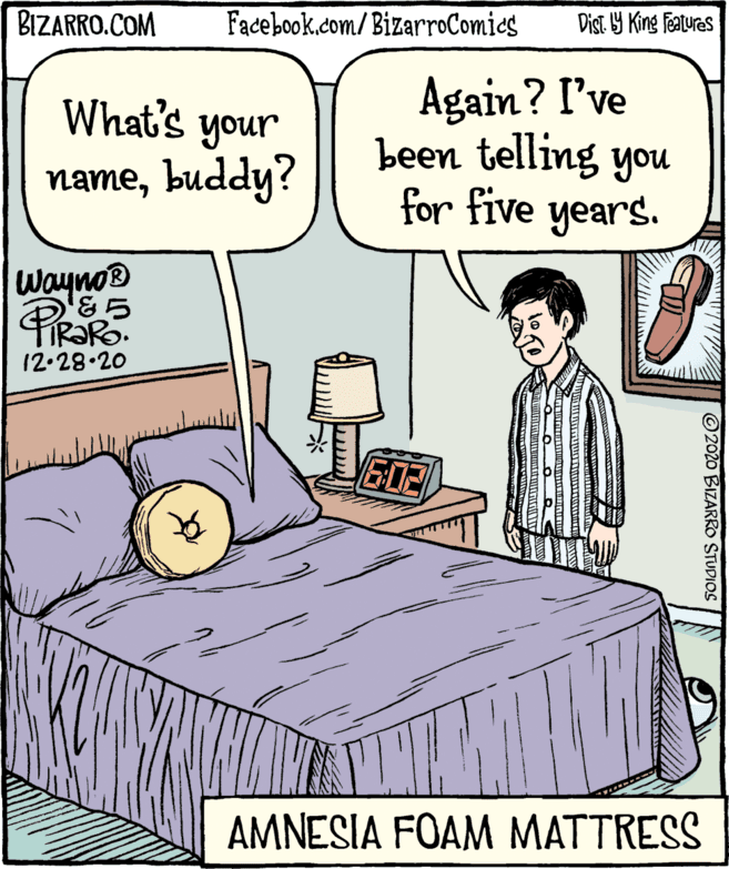 Publication OCR: BIZARRO.COM Facebook.com/BizarroComics Dist. 9 King Featuras Again? I've been telling you for five years. What's your unoubuddy? WaynoB 12.28.20 602 AMNESIA FOAM MATTRESS 2020 BIZARRO STUDIOS BIZARRO.COM Facebook.com/BizarroComics Dist. 9 King Featuras Again? I've been telling you for five years. What's your unoubuddy? WaynoB 12.28.20 602 AMNESIA FOAM MATTRESS 2020 BIZARRO STUDIOS