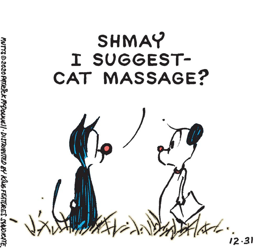 Illustration OCR: SHMAY I SUGGEST- CAT MASSAGE? 12.31 MUTTSO 2020 PATRICK MDONEll . DISTRIBUTED BY kiuG FEATORES SVNOICATE SHMAY I SUGGEST- CAT MASSAGE? 12.31 MUTTSO 2020 PATRICK MDONEll . DISTRIBUTED BY kiuG FEATORES SVNOICATE