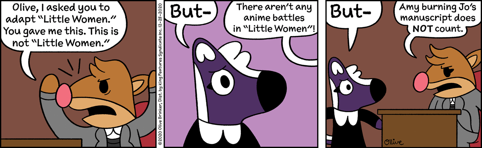Pink OCR: There aren't any OliveI asked you to adapt "Little Women." You gave me this. This is not "Little Women." But- Amy burning Jo's manuscript does NOT count. But- anime battles in "Little Women"! ORive There aren't any OliveI asked you to adapt "Little Women." You gave me this. This is not "Little Women." But- Amy burning Jo's manuscript does NOT count. But- anime battles in "Little Women"! ORive