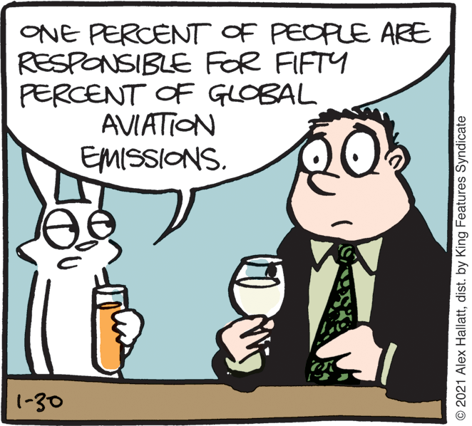 Drawing OCR: ONE PERCENT OF PEOPLE ARE RESPONSIBLE FOR FIFTY PERCENT OF GLOBAL AVIATION EMISSIONS. 1-30 © 2021 Alex Hallattdist. by King Features Syndicate ONE PERCENT OF PEOPLE ARE RESPONSIBLE FOR FIFTY PERCENT OF GLOBAL AVIATION EMISSIONS. 1-30 © 2021 Alex Hallattdist. by King Features Syndicate