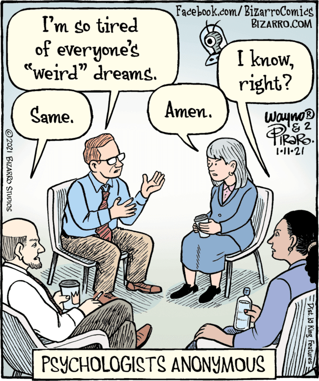 Interaction OCR: Facebook.com/BizarroComies BIZARRO.COM I'm so tired of everyone's "Weird" dreams. I knowright? Same. Amen. Wayno® TR?RO. PSYCHOLOGISTS ANONYMOUS Dist. ba King Features O 2021 BIZARRO STUDIOS Facebook.com/BizarroComies BIZARRO.COM I'm so tired of everyone's "Weird" dreams. I knowright? Same. Amen. Wayno® TR?RO. PSYCHOLOGISTS ANONYMOUS Dist. ba King Features O 2021 BIZARRO STUDIOS