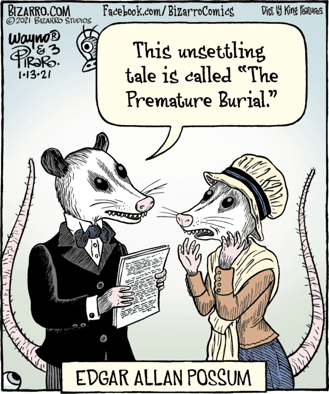 Fiction OCR: BIZARRO.COM ©2021 BIZARRO STUDIOS Facebook.com/BizarroComics Dist. 9 King Features Wayno® This unsettling tale is called "The Premature Burial." 1•13.21 EDGAR ALLAN POSSUM BIZARRO.COM ©2021 BIZARRO STUDIOS Facebook.com/BizarroComics Dist. 9 King Features Wayno® This unsettling tale is called "The Premature Burial." 1•13.21 EDGAR ALLAN POSSUM