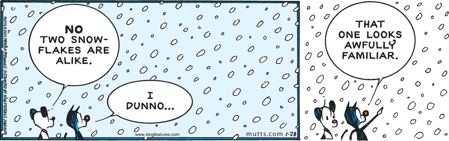 Polka dot OCR: NO TWO SNOW- FLAKES ARE ALIKE. THAT ONE LOOKS AWFULLY FAMILIAR. DUNNO... www.kingfeatures.com mutts.com 1-28 NO TWO SNOW- FLAKES ARE ALIKE. THAT ONE LOOKS AWFULLY FAMILIAR. DUNNO... www.kingfeatures.com mutts.com 1-28