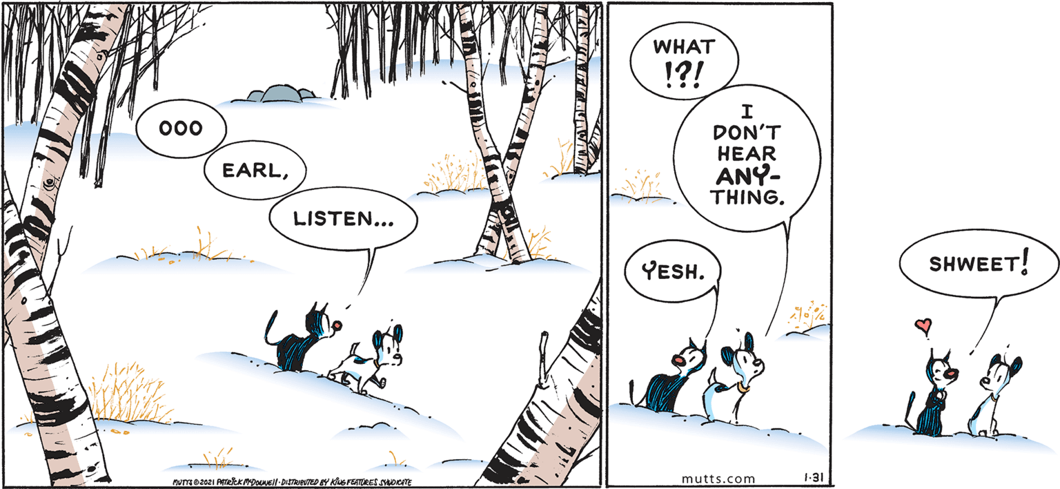 Art OCR: WHAT !?! 00 DON'T HEAR ANY- THING. EARLLISTEN... YESH. SHWEET! mutts.com 1-31 WHAT !?! 00 DON'T HEAR ANY- THING. EARLLISTEN... YESH. SHWEET! mutts.com 1-31