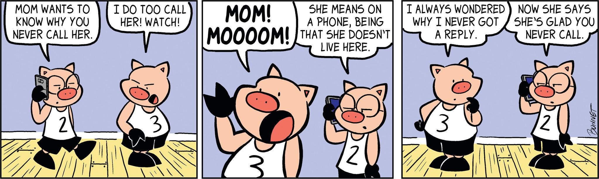 Illustration OCR: MOM WANTS TO KNOW WHY YOU NEVER CALL HER. I DO TOO CALL HER! WATCH! MOM! SHE MEANS ON A PHONEBEING MOOOOM! THAT SHE DOESN'T LIVE HERE. 3 2 I ALWAYS WONDERED WHY I NEVER GOT A REPLY. NOW SHE SAYS SHE'S GLAD YOU NEVER CALL. 2 BONNET MOM WANTS TO KNOW WHY YOU NEVER CALL HER . I DO TOO CALL HER ! WATCH ! MOM ! SHE MEANS ON A PHONEBEING MOOOOM ! THAT SHE DOESN'T LIVE HERE . 3 2 I ALWAYS WONDERED WHY I NEVER GOT A REPLY . NOW SHE SAYS SHE'S GLAD YOU NEVER CALL . 2 BONNET