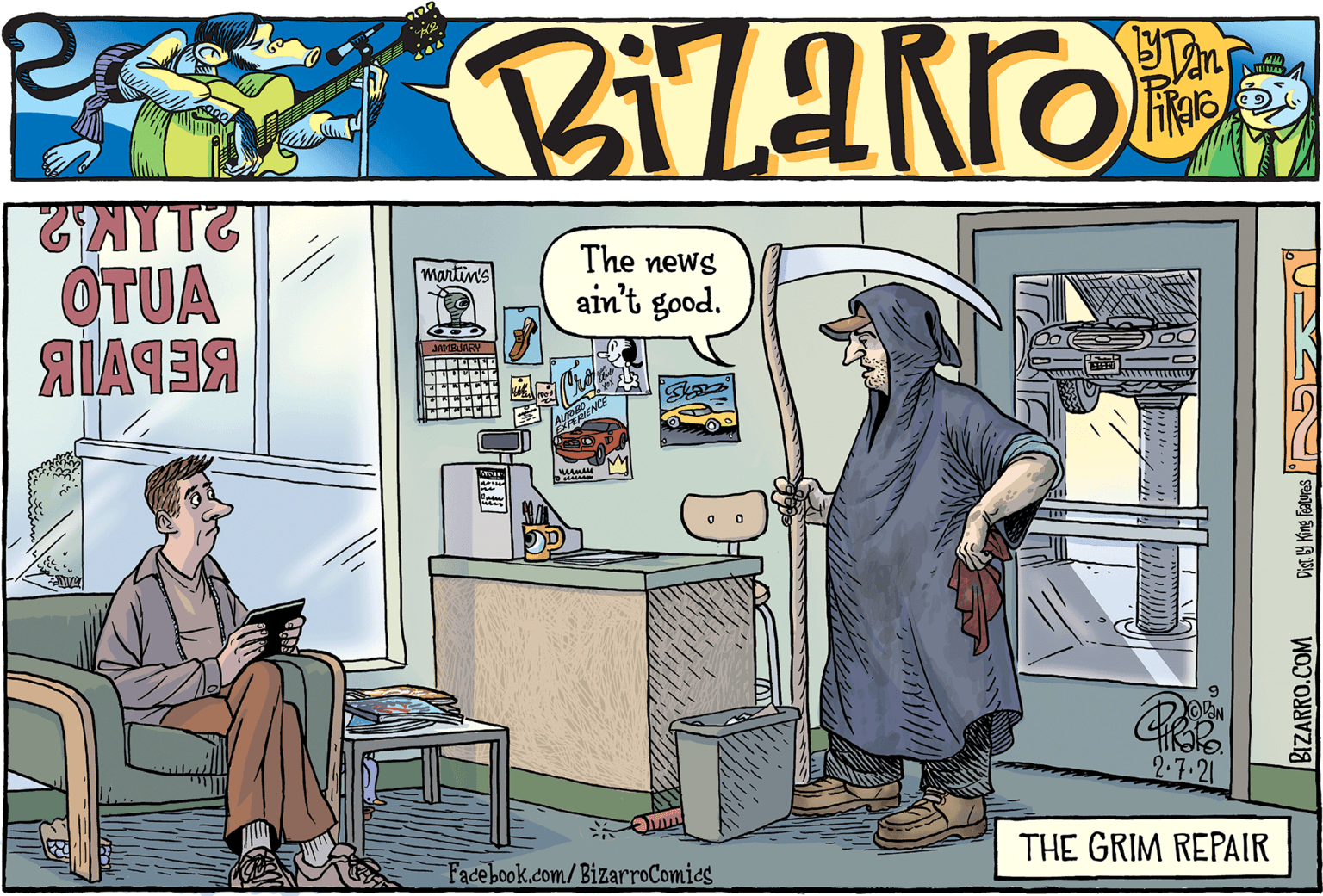 Design OCR: AYTZ OTUA The news ain't good. martin's OVAN 2.7.21 THE GRIM REPAIR Facebook.com/BizarroComics BIZARRO.COM AYTZ OTUA The news ain't good. martin's OVAN 2.7.21 THE GRIM REPAIR Facebook.com/BizarroComics BIZARRO.COM