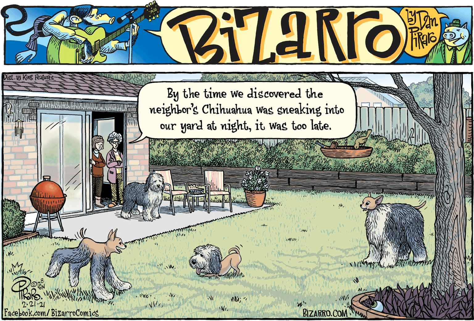 Grass OCR: Dist.1y King Features By the time we discovered the neighbor's Chihuahua Was sneaking into our yard at nightit was too late. 2.21 21 Facebook.com/BizarroComics BIZARRO.COM Dist.1y King Features By the time we discovered the neighbor's Chihuahua Was sneaking into our yard at nightit was too late. 2.21 21 Facebook.com/BizarroComics BIZARRO.COM