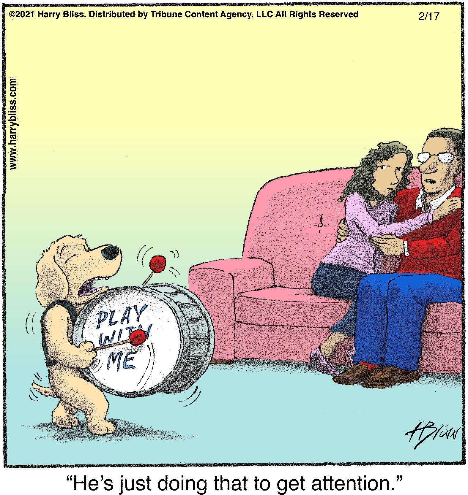 Drawing OCR: ©2021 Harry Bliss. Distributed by Tribune Content AgencyLLC All Rights Reserved 2/17 PLAY INIT ME "He's just doing that to get attention." 35 www.harrybliss.com ©2021 Harry Bliss. Distributed by Tribune Content AgencyLLC All Rights Reserved 2/17 PLAY INIT ME "He's just doing that to get attention." 35 www.harrybliss.com