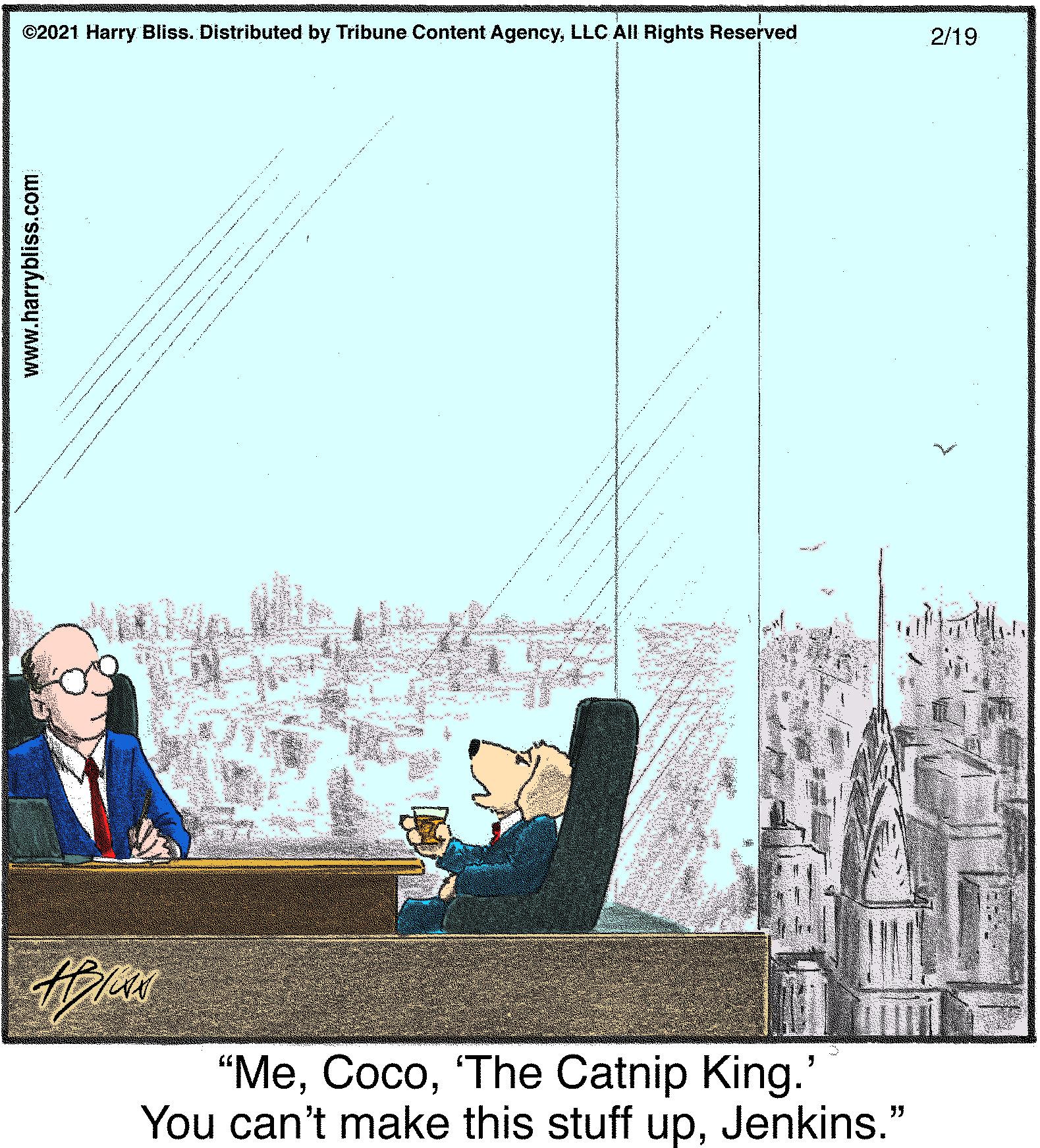 Electricity OCR: ©2021 Harry Bliss. Distributed by Tribune Content AgencyLLC All Rights Reserved 2/19 "Me'The Catnip King.' You can't make this stuff upJenkins." www.harrybliss.com Luni s ©2021 Harry Bliss. Distributed by Tribune Content AgencyLLC All Rights Reserved 2/19 "Me'The Catnip King.' You can't make this stuff upJenkins." www.harrybliss.com Luni s